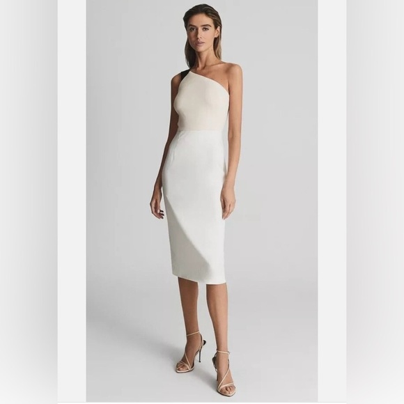 REISS Riana Color block Bodycon Dress in White/Nude/Black Womens Size 10 - Picture 1 of 11